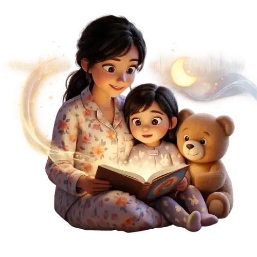 Mother reading a glowing storybook to her child at bedtime, representing Yasso family voice cloning feature